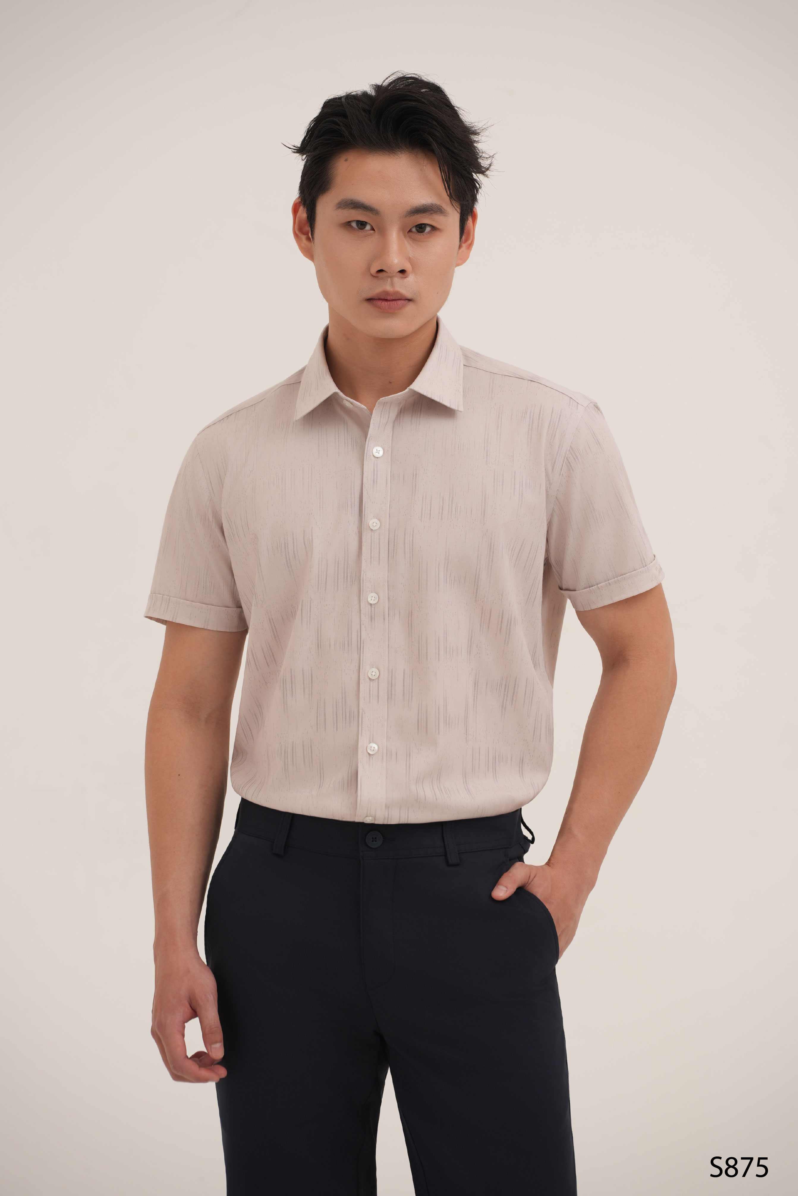 Áo sơ mi nam ngắn tay bamboo cao cấp Santino hoạ tiết be đen | S875